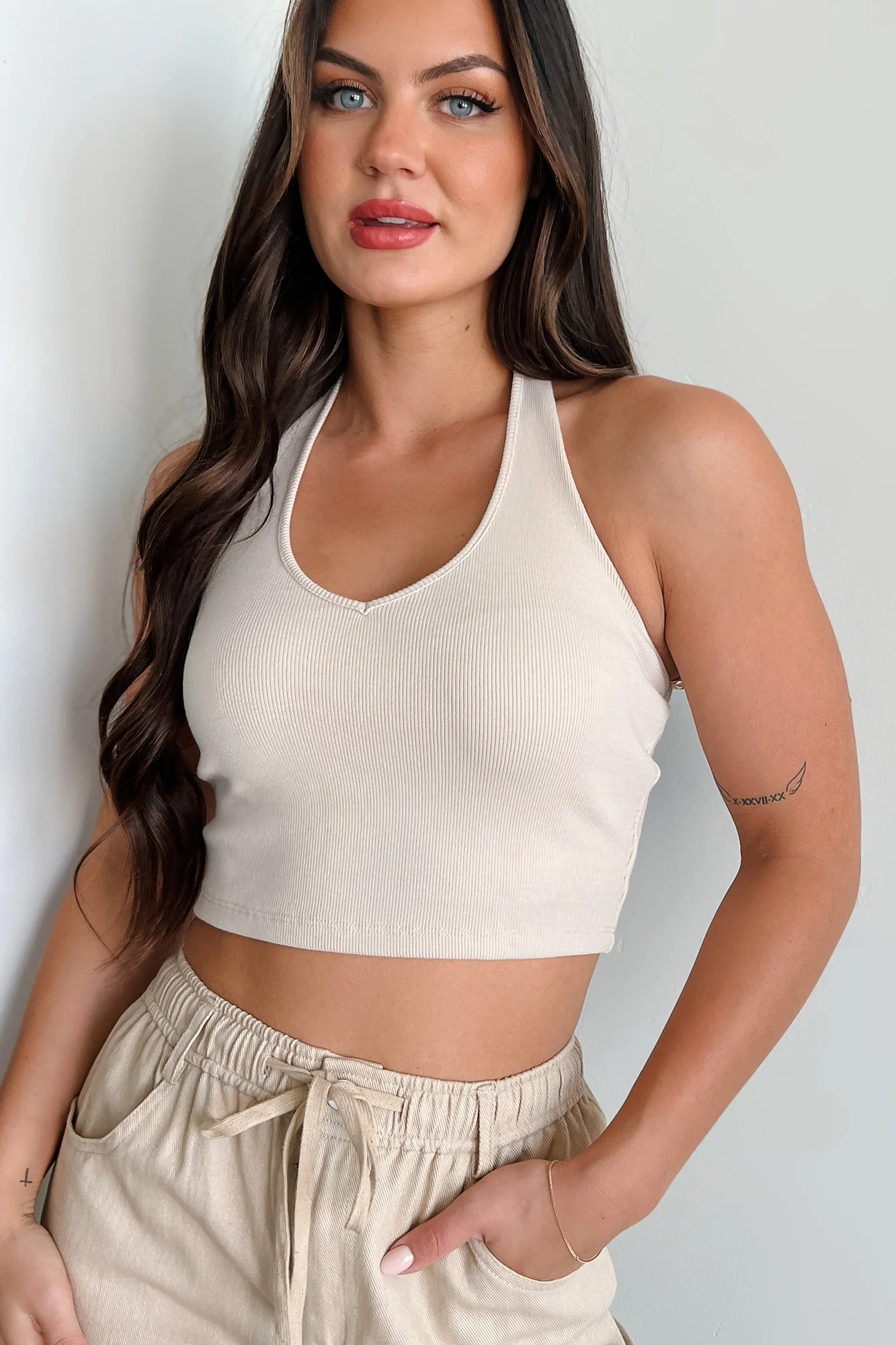 Alive & Well Ribbed Halter Crop Top (Eggshell) - Image 4