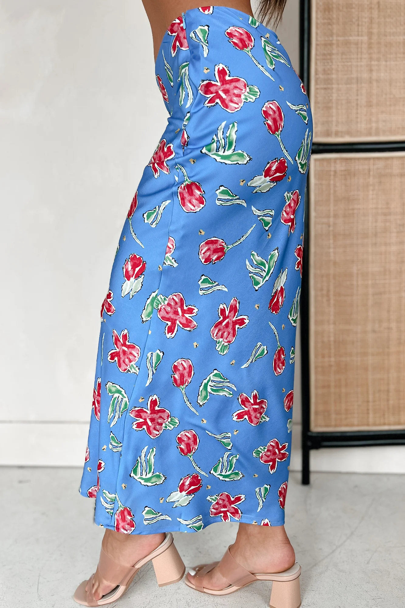 Feeling Flowerful Satin Floral Midi Skirt (Blue) - Image 3