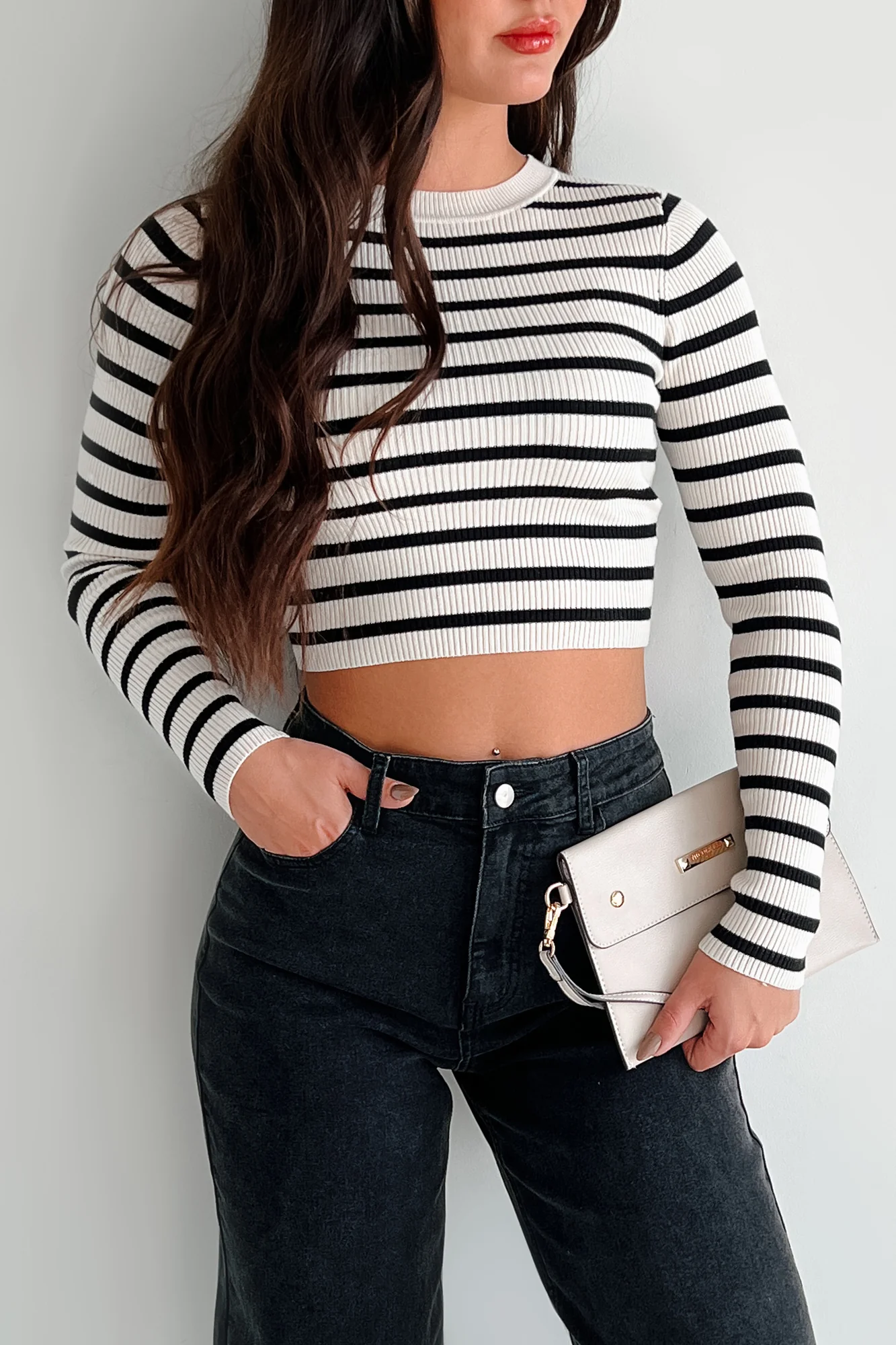 Lacy Ribbed Stripe Long Sleeve Top (Black/Ivory) - Image 3