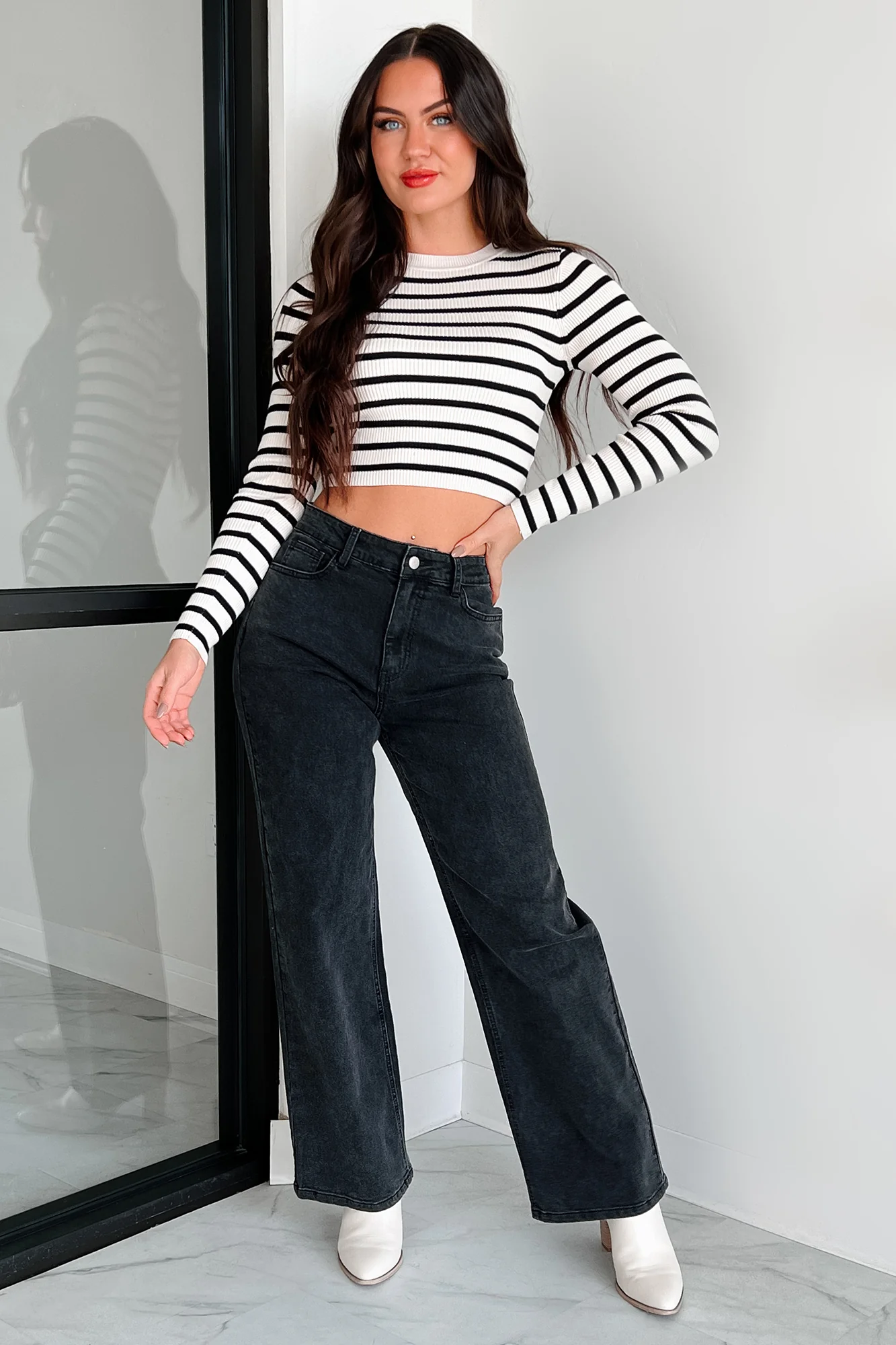 Lacy Ribbed Stripe Long Sleeve Top (Black/Ivory) - Image 7