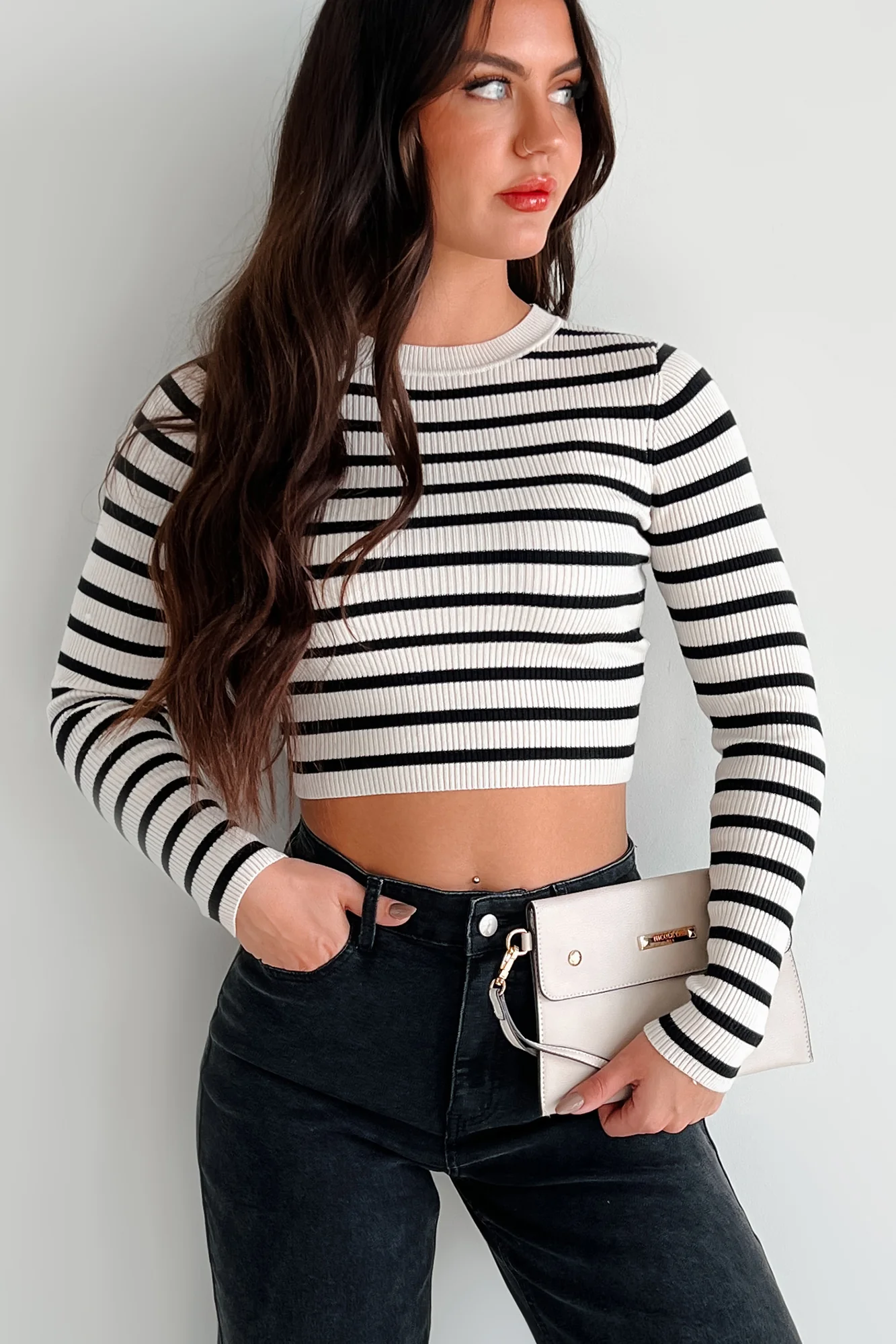Lacy Ribbed Stripe Long Sleeve Top (Black/Ivory) - Image 8