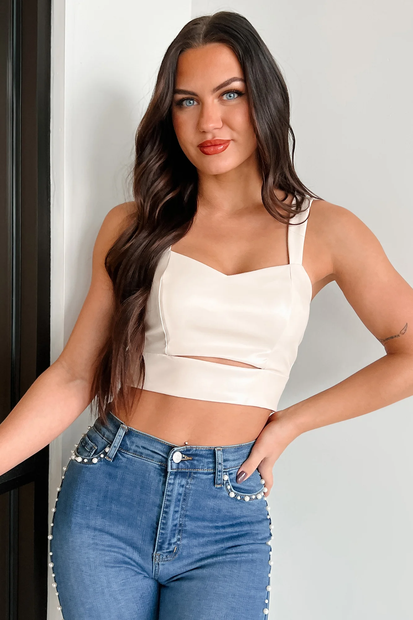 Memorable Encounter Faux Leather Crop Top (Ivory) - Image 6