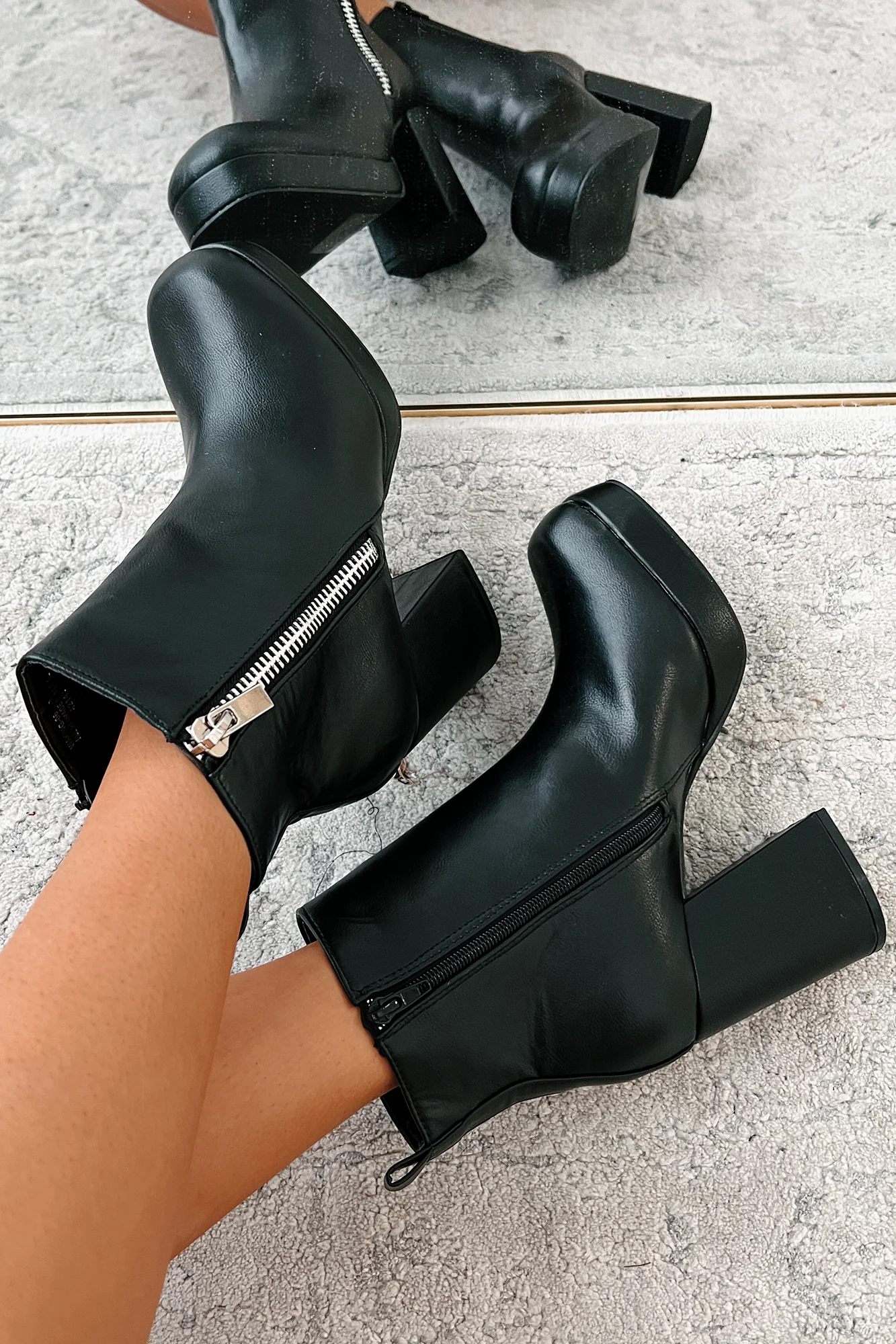 Straight Facts Zipper Detail Platform Booties (Black) - Image 5